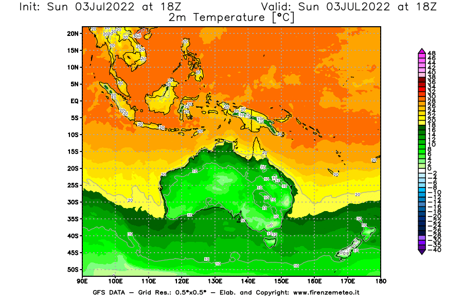 Mappa di analisi GFS - Temperatura a 2 metri dal suolo [°C] in Oceania
							del 03/07/2022 18 <!--googleoff: index-->UTC<!--googleon: index-->