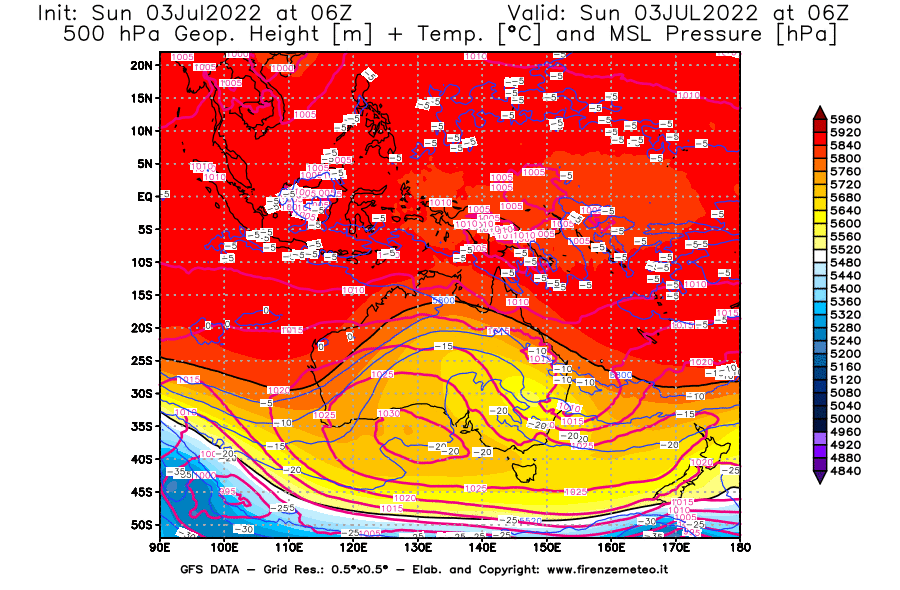 Mappa di analisi GFS - Geopotenziale [m] + Temp. [°C] a 500 hPa + Press. a livello del mare [hPa] in Oceania
							del 03/07/2022 06 <!--googleoff: index-->UTC<!--googleon: index-->