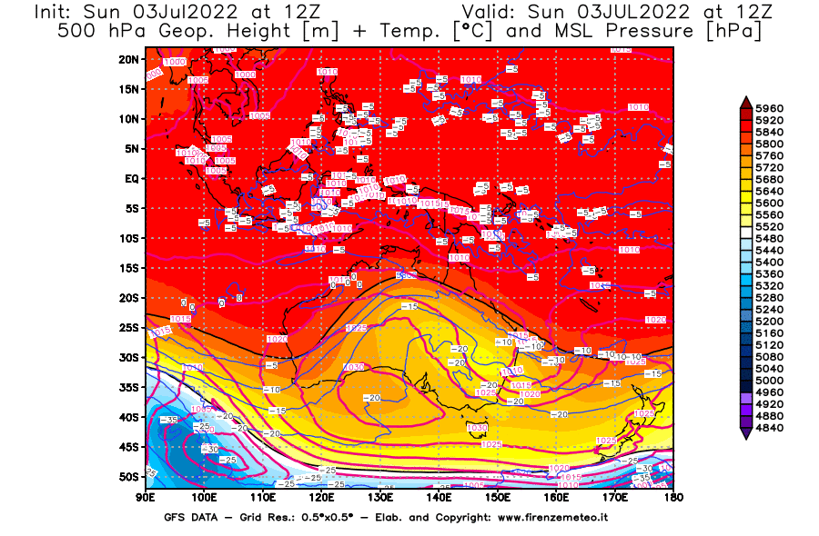 Mappa di analisi GFS - Geopotenziale [m] + Temp. [°C] a 500 hPa + Press. a livello del mare [hPa] in Oceania
							del 03/07/2022 12 <!--googleoff: index-->UTC<!--googleon: index-->