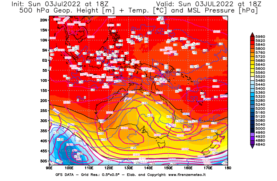 Mappa di analisi GFS - Geopotenziale [m] + Temp. [°C] a 500 hPa + Press. a livello del mare [hPa] in Oceania
							del 03/07/2022 18 <!--googleoff: index-->UTC<!--googleon: index-->