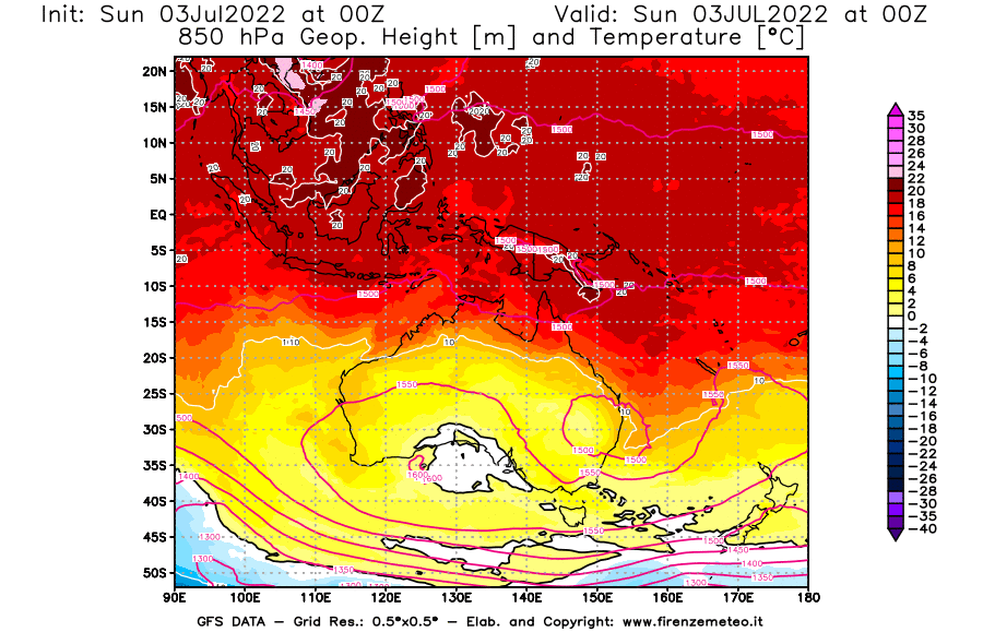 Mappa di analisi GFS - Geopotenziale [m] e Temperatura [°C] a 850 hPa in Oceania
							del 03/07/2022 00 <!--googleoff: index-->UTC<!--googleon: index-->