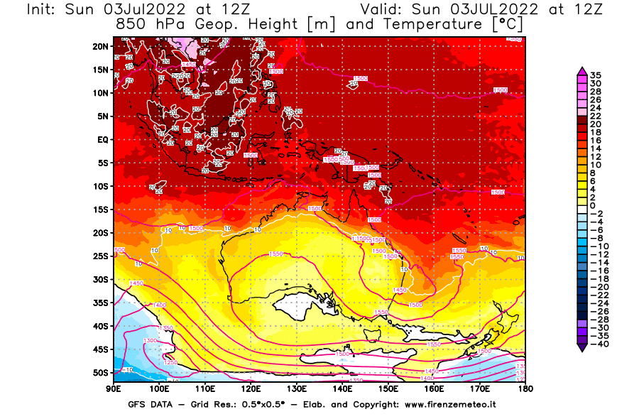 Mappa di analisi GFS - Geopotenziale [m] e Temperatura [°C] a 850 hPa in Oceania
							del 03/07/2022 12 <!--googleoff: index-->UTC<!--googleon: index-->