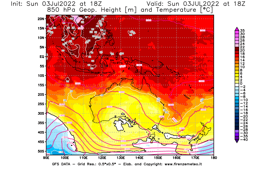 Mappa di analisi GFS - Geopotenziale [m] e Temperatura [°C] a 850 hPa in Oceania
							del 03/07/2022 18 <!--googleoff: index-->UTC<!--googleon: index-->