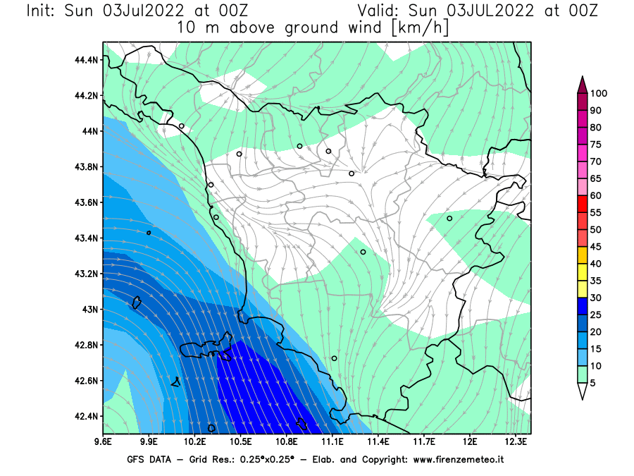 Mappa di analisi GFS - Velocità del vento a 10 metri dal suolo [km/h] in Toscana
							del 03/07/2022 00 <!--googleoff: index-->UTC<!--googleon: index-->