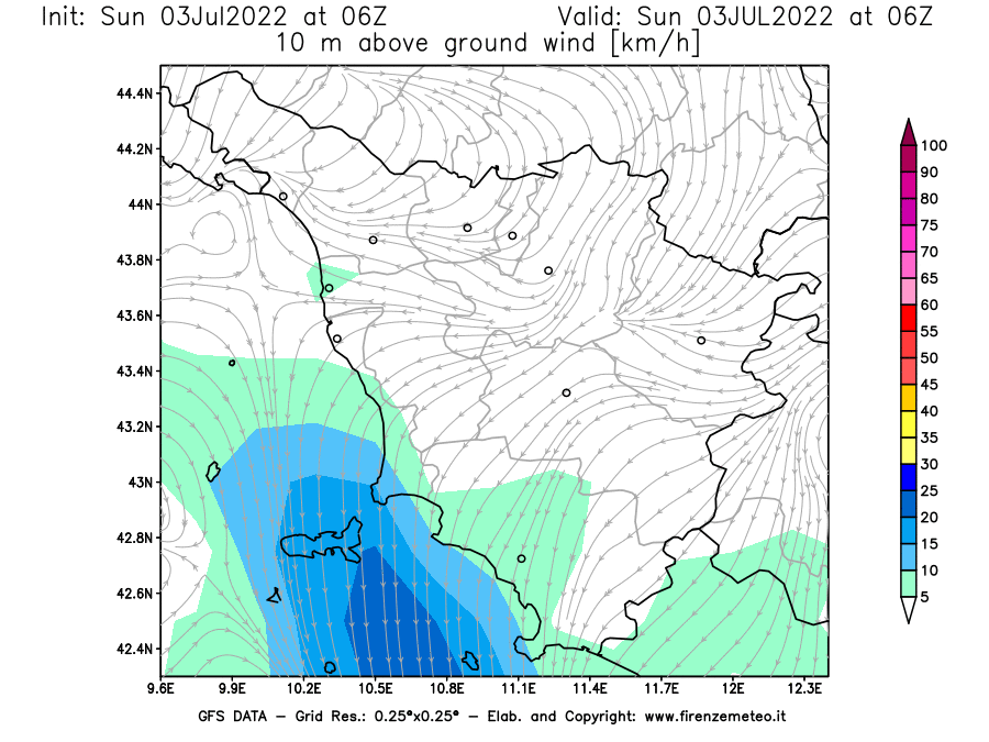 GFS analysi map - Wind Speed at 10 m above ground [km/h] in Tuscany
									on 03/07/2022 06 <!--googleoff: index-->UTC<!--googleon: index-->