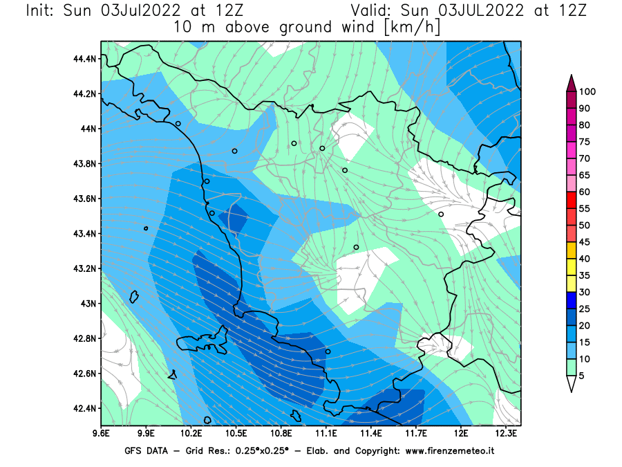 GFS analysi map - Wind Speed at 10 m above ground [km/h] in Tuscany
									on 03/07/2022 12 <!--googleoff: index-->UTC<!--googleon: index-->