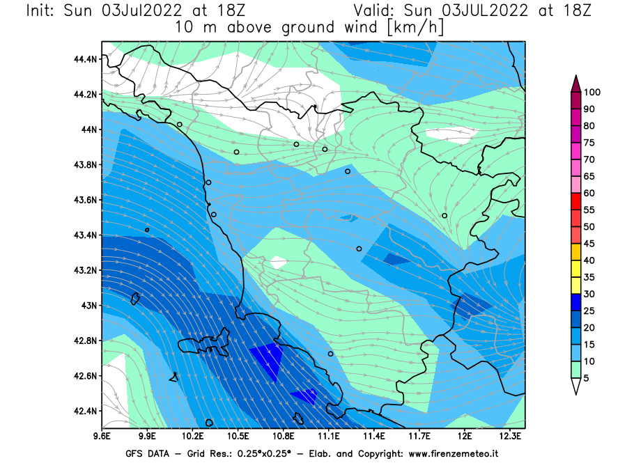 GFS analysi map - Wind Speed at 10 m above ground [km/h] in Tuscany
									on 03/07/2022 18 <!--googleoff: index-->UTC<!--googleon: index-->
