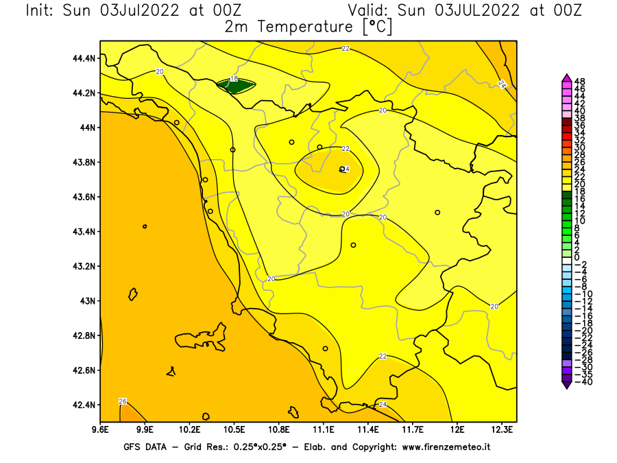 GFS analysi map - Temperature at 2 m above ground [°C] in Tuscany
									on 03/07/2022 00 <!--googleoff: index-->UTC<!--googleon: index-->