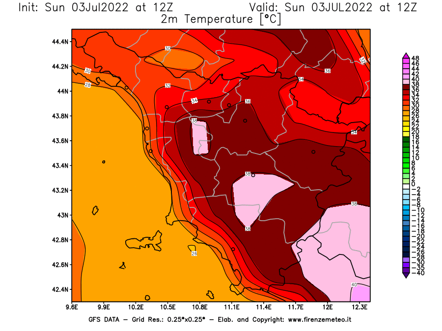 Mappa di analisi GFS - Temperatura a 2 metri dal suolo [°C] in Toscana
							del 03/07/2022 12 <!--googleoff: index-->UTC<!--googleon: index-->