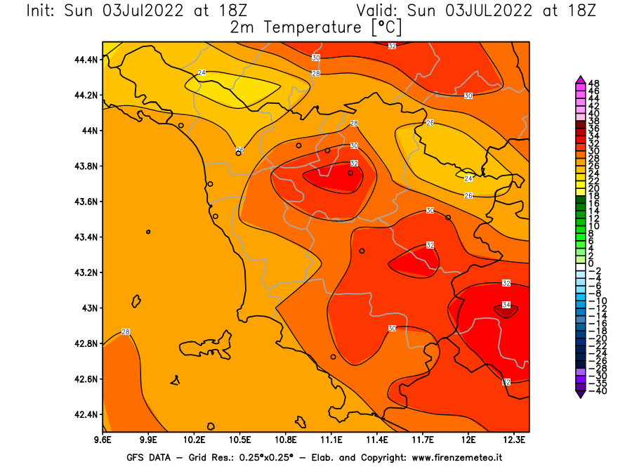 GFS analysi map - Temperature at 2 m above ground [°C] in Tuscany
									on 03/07/2022 18 <!--googleoff: index-->UTC<!--googleon: index-->