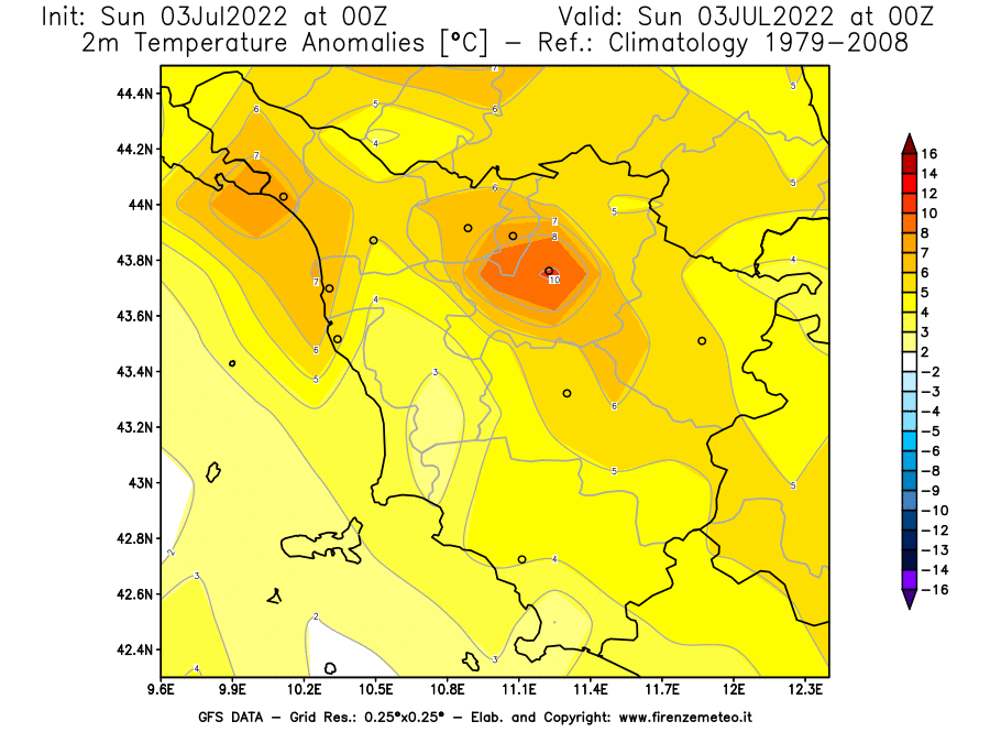 GFS analysi map - Temperature Anomalies [°C] at 2 m in Tuscany
									on 03/07/2022 00 <!--googleoff: index-->UTC<!--googleon: index-->