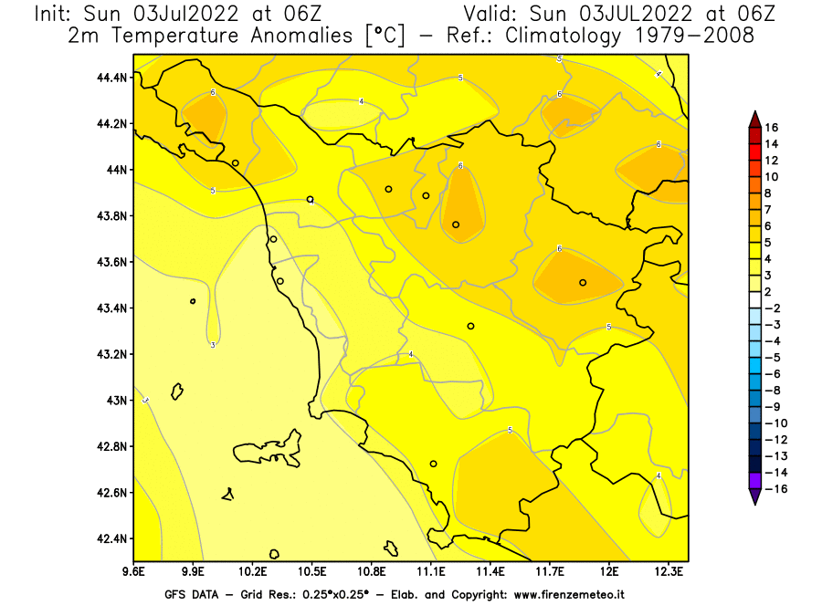 Mappa di analisi GFS - Anomalia Temperatura [°C] a 2 m in Toscana
							del 03/07/2022 06 <!--googleoff: index-->UTC<!--googleon: index-->