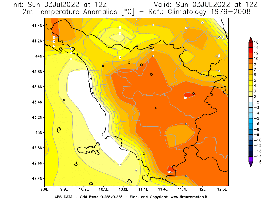 Mappa di analisi GFS - Anomalia Temperatura [°C] a 2 m in Toscana
							del 03/07/2022 12 <!--googleoff: index-->UTC<!--googleon: index-->