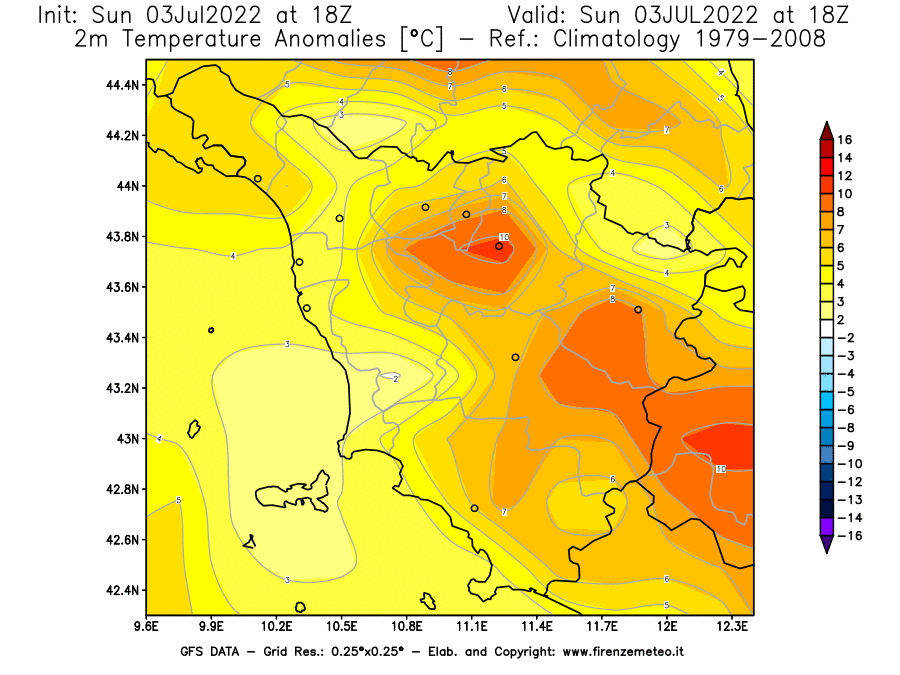 GFS analysi map - Temperature Anomalies [°C] at 2 m in Tuscany
									on 03/07/2022 18 <!--googleoff: index-->UTC<!--googleon: index-->
