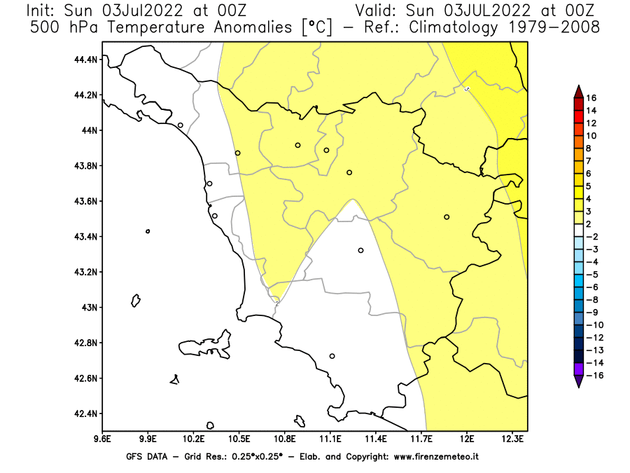 GFS analysi map - Temperature Anomalies [°C] at 500 hPa in Tuscany
									on 03/07/2022 00 <!--googleoff: index-->UTC<!--googleon: index-->