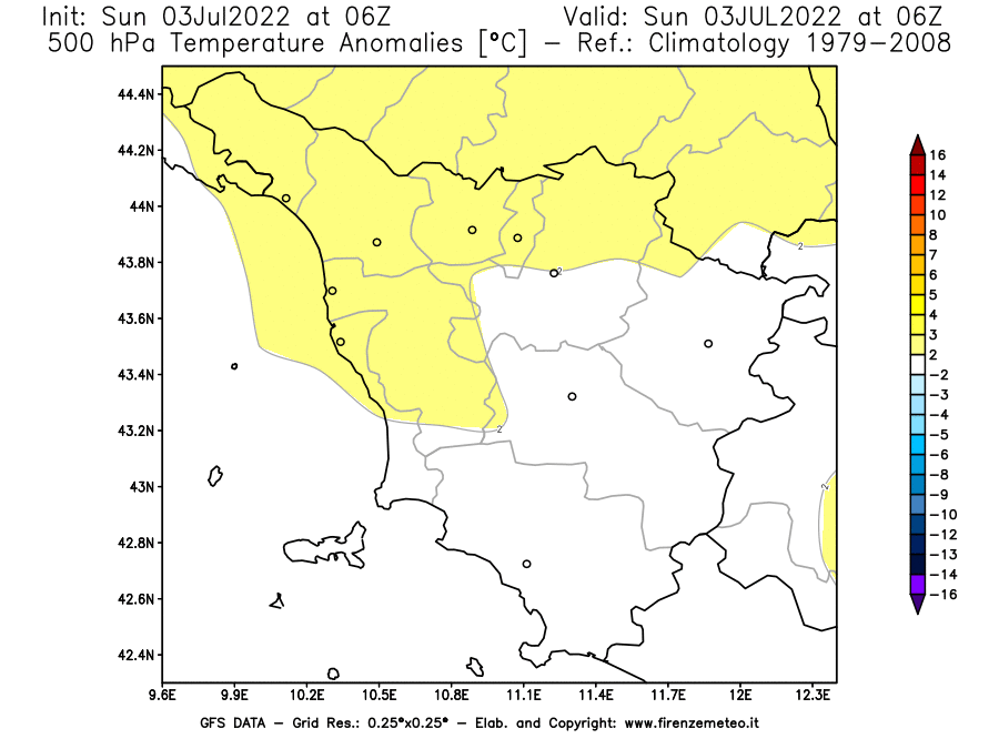 GFS analysi map - Temperature Anomalies [°C] at 500 hPa in Tuscany
									on 03/07/2022 06 <!--googleoff: index-->UTC<!--googleon: index-->