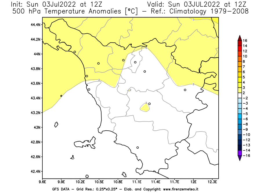 Mappa di analisi GFS - Anomalia Temperatura [°C] a 500 hPa in Toscana
							del 03/07/2022 12 <!--googleoff: index-->UTC<!--googleon: index-->