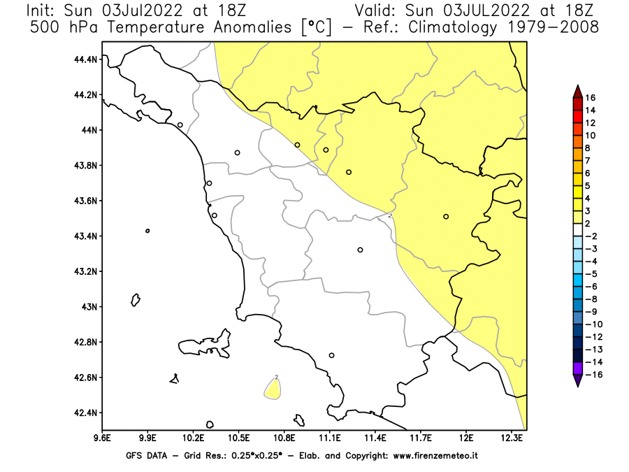 GFS analysi map - Temperature Anomalies [°C] at 500 hPa in Tuscany
									on 03/07/2022 18 <!--googleoff: index-->UTC<!--googleon: index-->