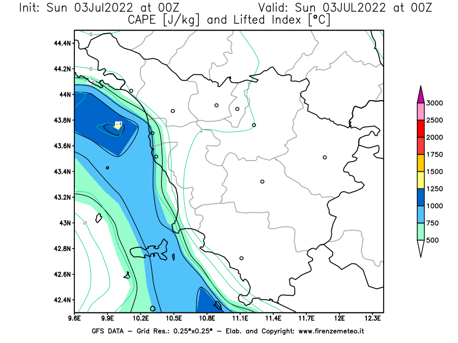 GFS analysi map - CAPE [J/kg] and Lifted Index [°C] in Tuscany
									on 03/07/2022 00 <!--googleoff: index-->UTC<!--googleon: index-->