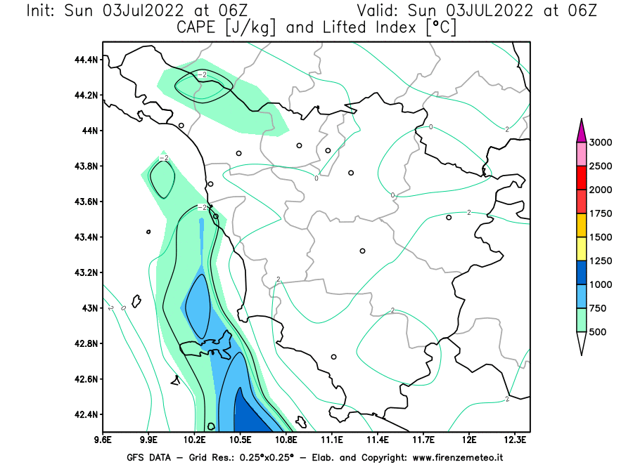 GFS analysi map - CAPE [J/kg] and Lifted Index [°C] in Tuscany
									on 03/07/2022 06 <!--googleoff: index-->UTC<!--googleon: index-->