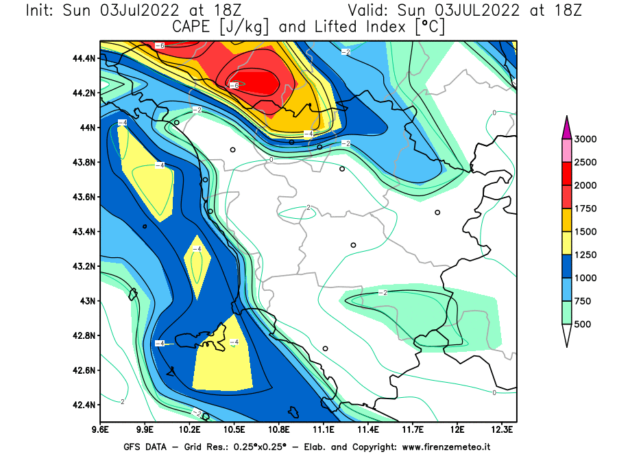 GFS analysi map - CAPE [J/kg] and Lifted Index [°C] in Tuscany
									on 03/07/2022 18 <!--googleoff: index-->UTC<!--googleon: index-->