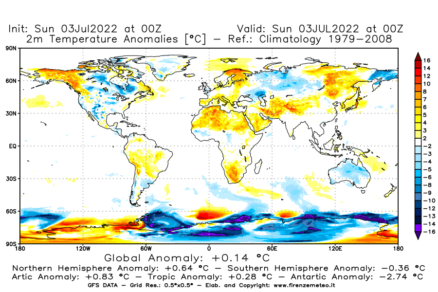 Mappa di analisi GFS - Anomalia Temperatura [°C] a 2 m in World
							del 03/07/2022 00 <!--googleoff: index-->UTC<!--googleon: index-->