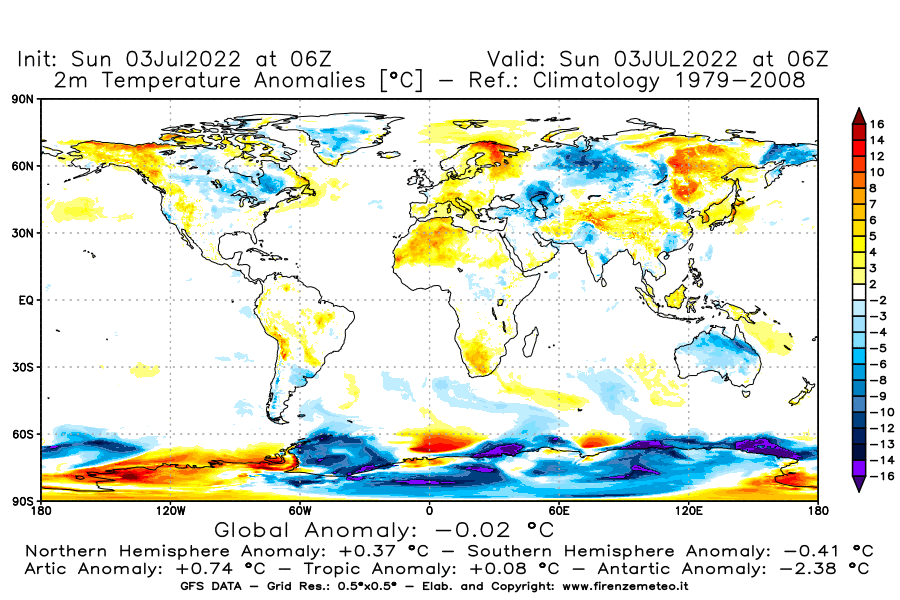 Mappa di analisi GFS - Anomalia Temperatura [°C] a 2 m in World
							del 03/07/2022 06 <!--googleoff: index-->UTC<!--googleon: index-->