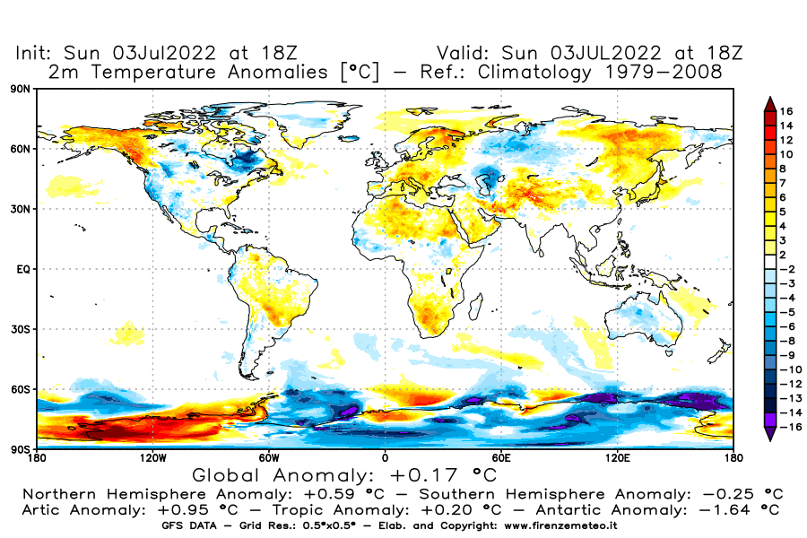 Mappa di analisi GFS - Anomalia Temperatura [°C] a 2 m in World
							del 03/07/2022 18 <!--googleoff: index-->UTC<!--googleon: index-->