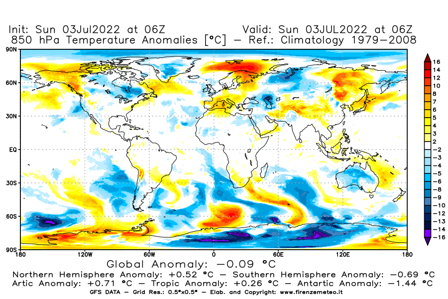 Mappa di analisi GFS - Anomalia Temperatura [°C] a 850 hPa in World
							del 03/07/2022 06 <!--googleoff: index-->UTC<!--googleon: index-->