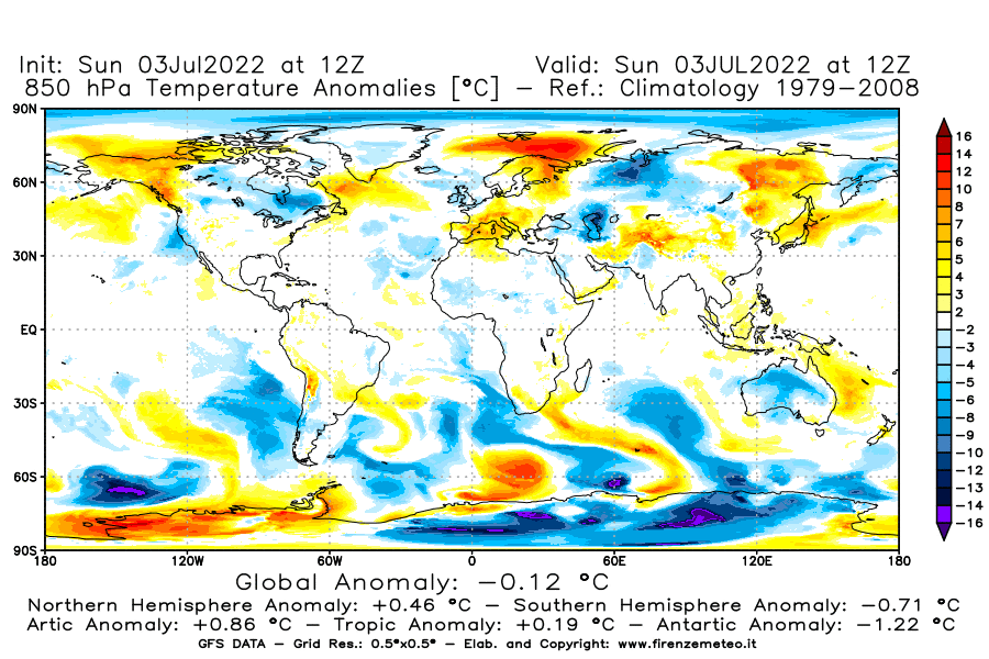 Mappa di analisi GFS - Anomalia Temperatura [°C] a 850 hPa in World
							del 03/07/2022 12 <!--googleoff: index-->UTC<!--googleon: index-->