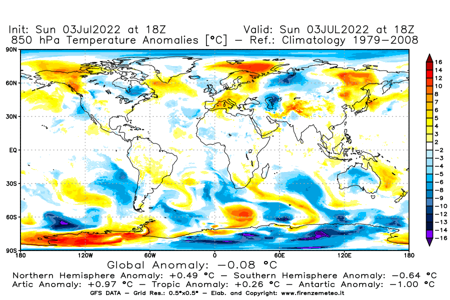 Mappa di analisi GFS - Anomalia Temperatura [°C] a 850 hPa in World
							del 03/07/2022 18 <!--googleoff: index-->UTC<!--googleon: index-->