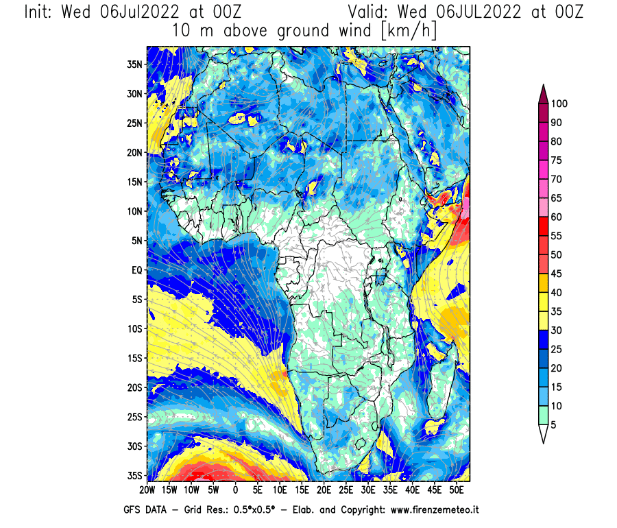 GFS analysi map - Wind Speed at 10 m above ground [km/h] in Africa
									on 06/07/2022 00 <!--googleoff: index-->UTC<!--googleon: index-->