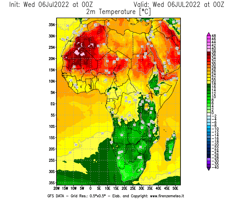 GFS analysi map - Temperature at 2 m above ground [°C] in Africa
									on 06/07/2022 00 <!--googleoff: index-->UTC<!--googleon: index-->