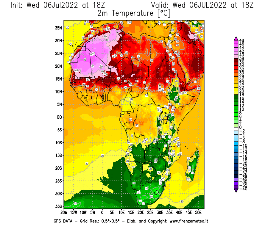 GFS analysi map - Temperature at 2 m above ground [°C] in Africa
									on 06/07/2022 18 <!--googleoff: index-->UTC<!--googleon: index-->
