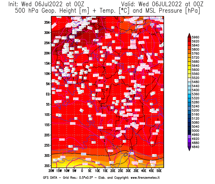 GFS analysi map - Geopotential [m] + Temp. [°C] at 500 hPa + Sea Level Pressure [hPa] in Africa
									on 06/07/2022 00 <!--googleoff: index-->UTC<!--googleon: index-->
