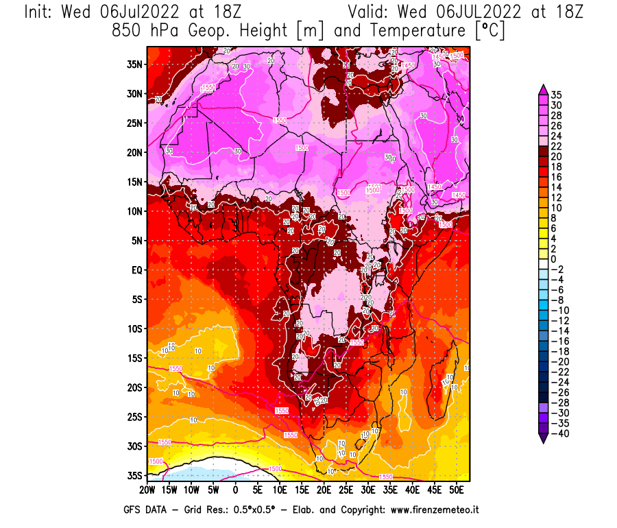 GFS analysi map - Geopotential [m] and Temperature [°C] at 850 hPa in Africa
									on 06/07/2022 18 <!--googleoff: index-->UTC<!--googleon: index-->