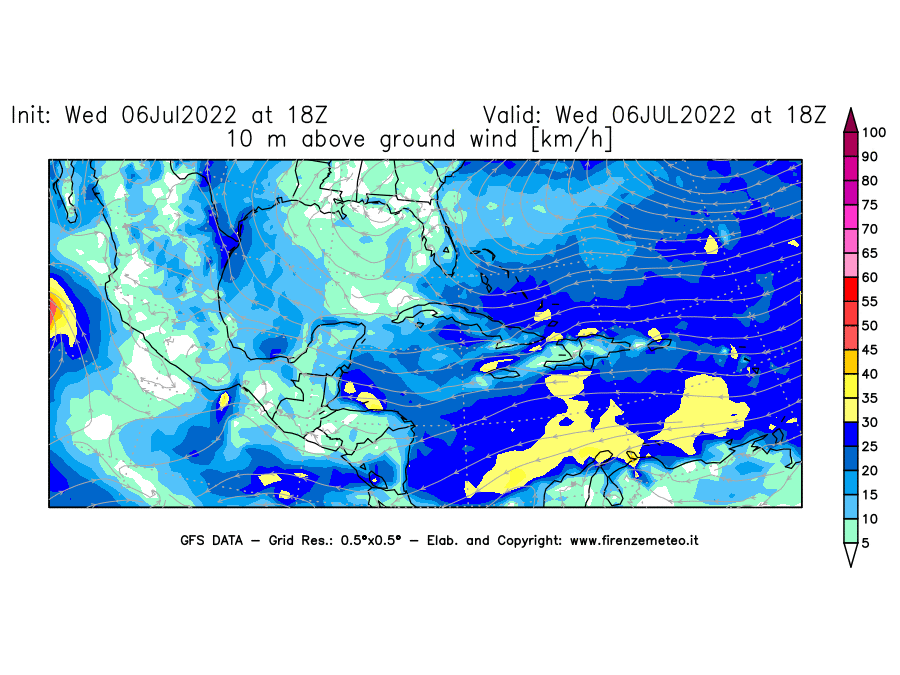 GFS analysi map - Wind Speed at 10 m above ground [km/h] in Central America
									on 06/07/2022 18 <!--googleoff: index-->UTC<!--googleon: index-->