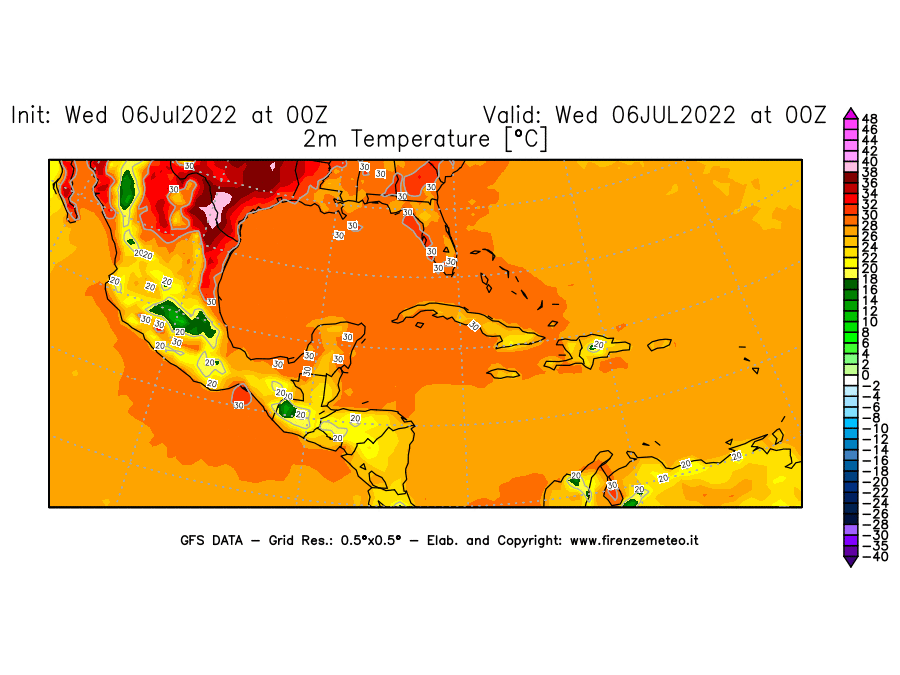 GFS analysi map - Temperature at 2 m above ground [°C] in Central America
									on 06/07/2022 00 <!--googleoff: index-->UTC<!--googleon: index-->