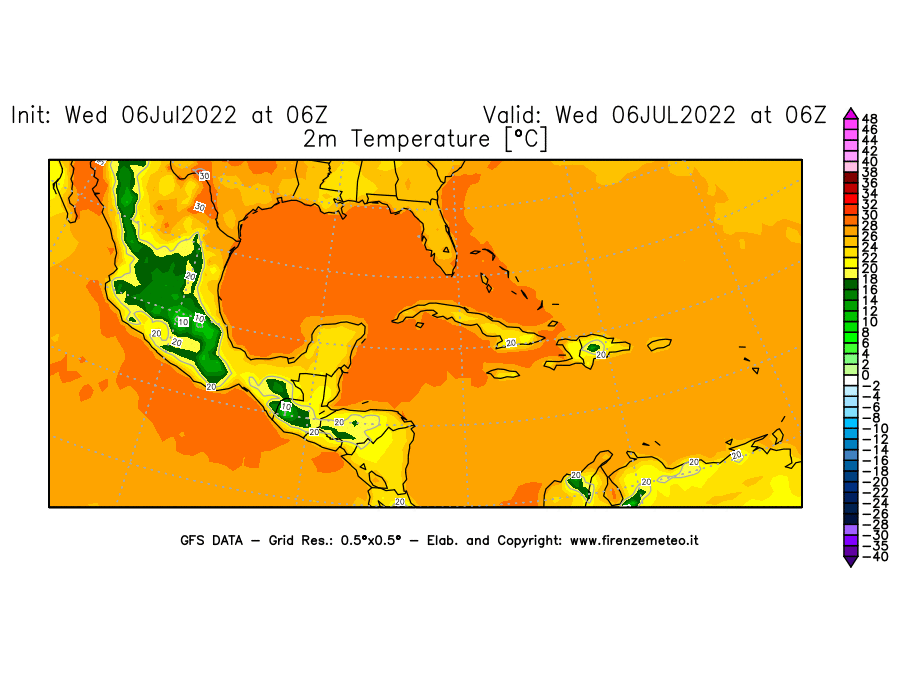 GFS analysi map - Temperature at 2 m above ground [°C] in Central America
									on 06/07/2022 06 <!--googleoff: index-->UTC<!--googleon: index-->