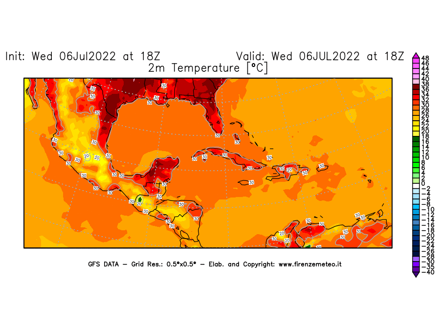 GFS analysi map - Temperature at 2 m above ground [°C] in Central America
									on 06/07/2022 18 <!--googleoff: index-->UTC<!--googleon: index-->