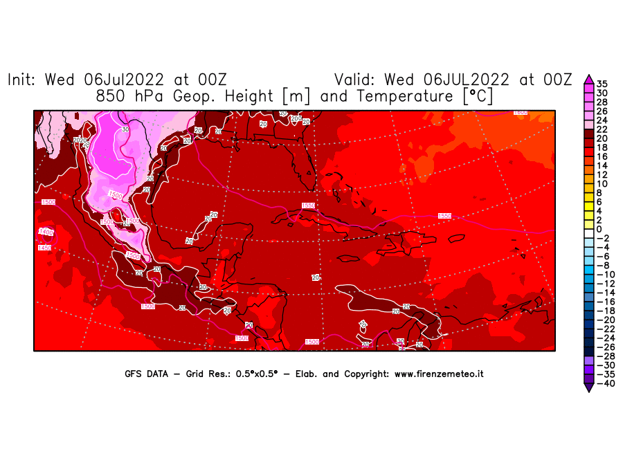 GFS analysi map - Geopotential [m] and Temperature [°C] at 850 hPa in Central America
									on 06/07/2022 00 <!--googleoff: index-->UTC<!--googleon: index-->