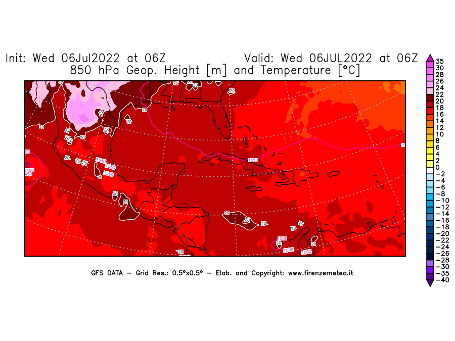 GFS analysi map - Geopotential [m] and Temperature [°C] at 850 hPa in Central America
									on 06/07/2022 06 <!--googleoff: index-->UTC<!--googleon: index-->