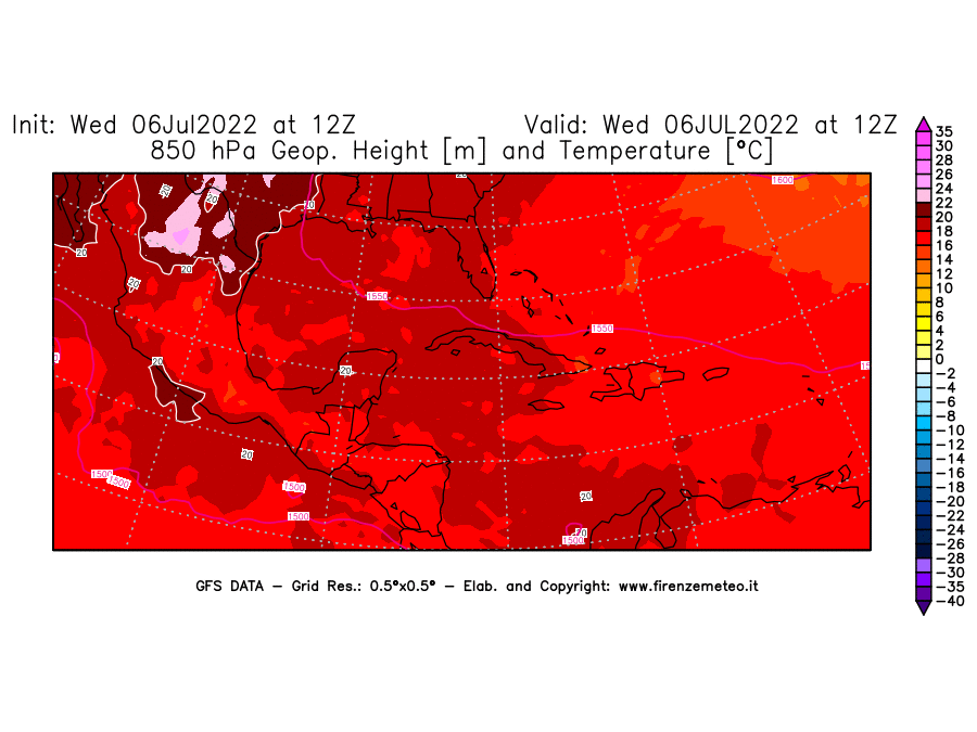 GFS analysi map - Geopotential [m] and Temperature [°C] at 850 hPa in Central America
									on 06/07/2022 12 <!--googleoff: index-->UTC<!--googleon: index-->