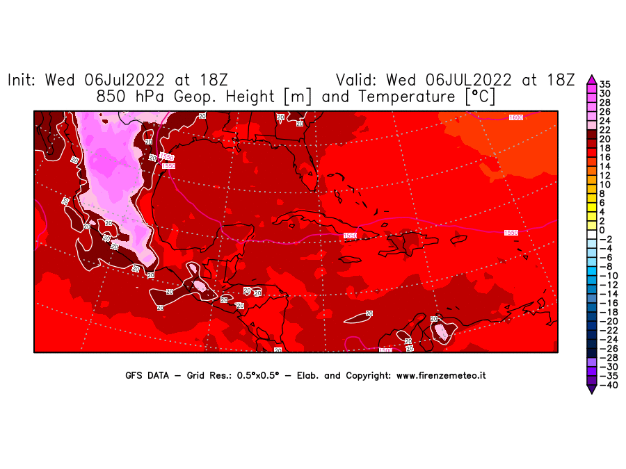 GFS analysi map - Geopotential [m] and Temperature [°C] at 850 hPa in Central America
									on 06/07/2022 18 <!--googleoff: index-->UTC<!--googleon: index-->