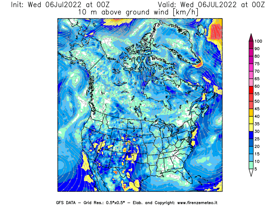 GFS analysi map - Wind Speed at 10 m above ground [km/h] in North America
									on 06/07/2022 00 <!--googleoff: index-->UTC<!--googleon: index-->