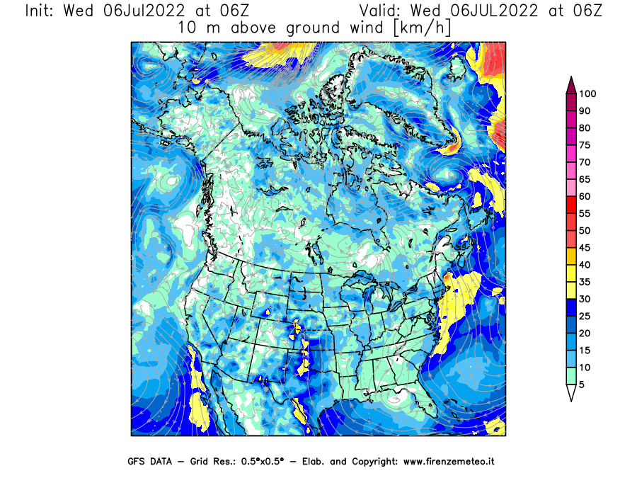 GFS analysi map - Wind Speed at 10 m above ground [km/h] in North America
									on 06/07/2022 06 <!--googleoff: index-->UTC<!--googleon: index-->