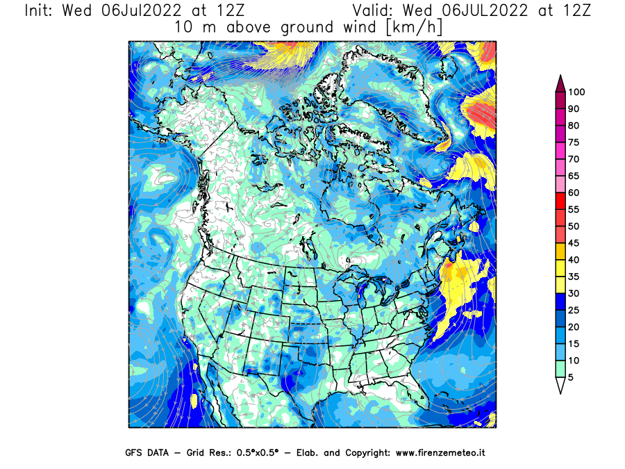 GFS analysi map - Wind Speed at 10 m above ground [km/h] in North America
									on 06/07/2022 12 <!--googleoff: index-->UTC<!--googleon: index-->