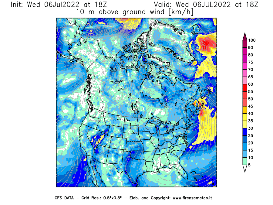 GFS analysi map - Wind Speed at 10 m above ground [km/h] in North America
									on 06/07/2022 18 <!--googleoff: index-->UTC<!--googleon: index-->