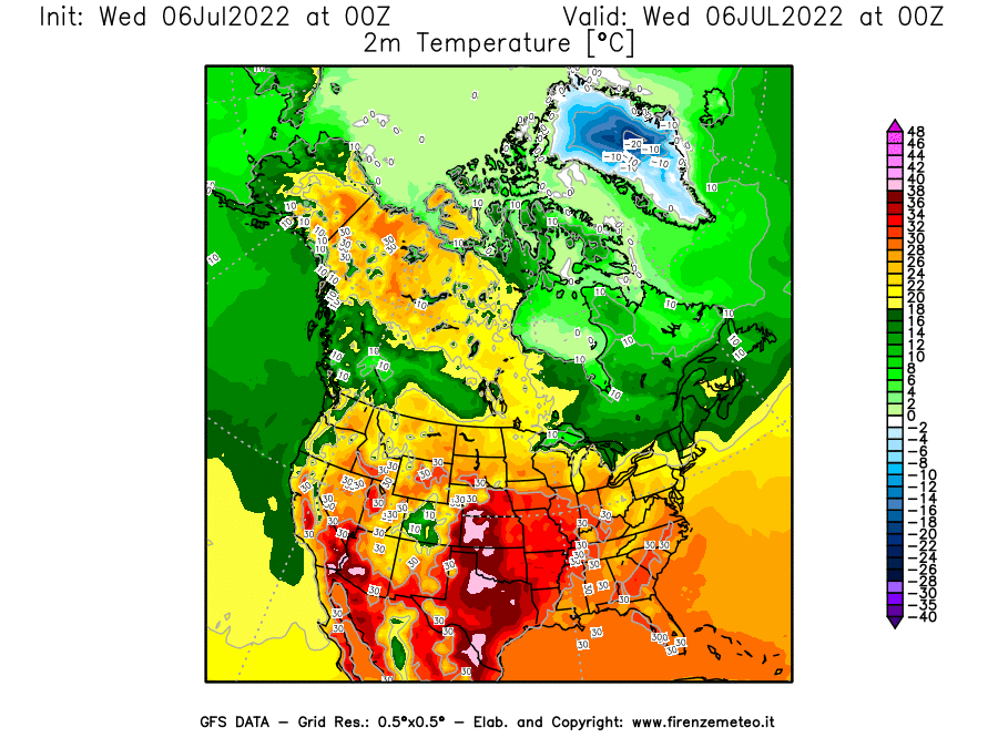 GFS analysi map - Temperature at 2 m above ground [°C] in North America
									on 06/07/2022 00 <!--googleoff: index-->UTC<!--googleon: index-->