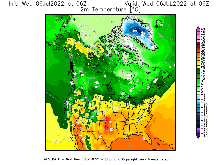 GFS analysi map - Temperature at 2 m above ground [°C] in North America
									on 06/07/2022 06 <!--googleoff: index-->UTC<!--googleon: index-->